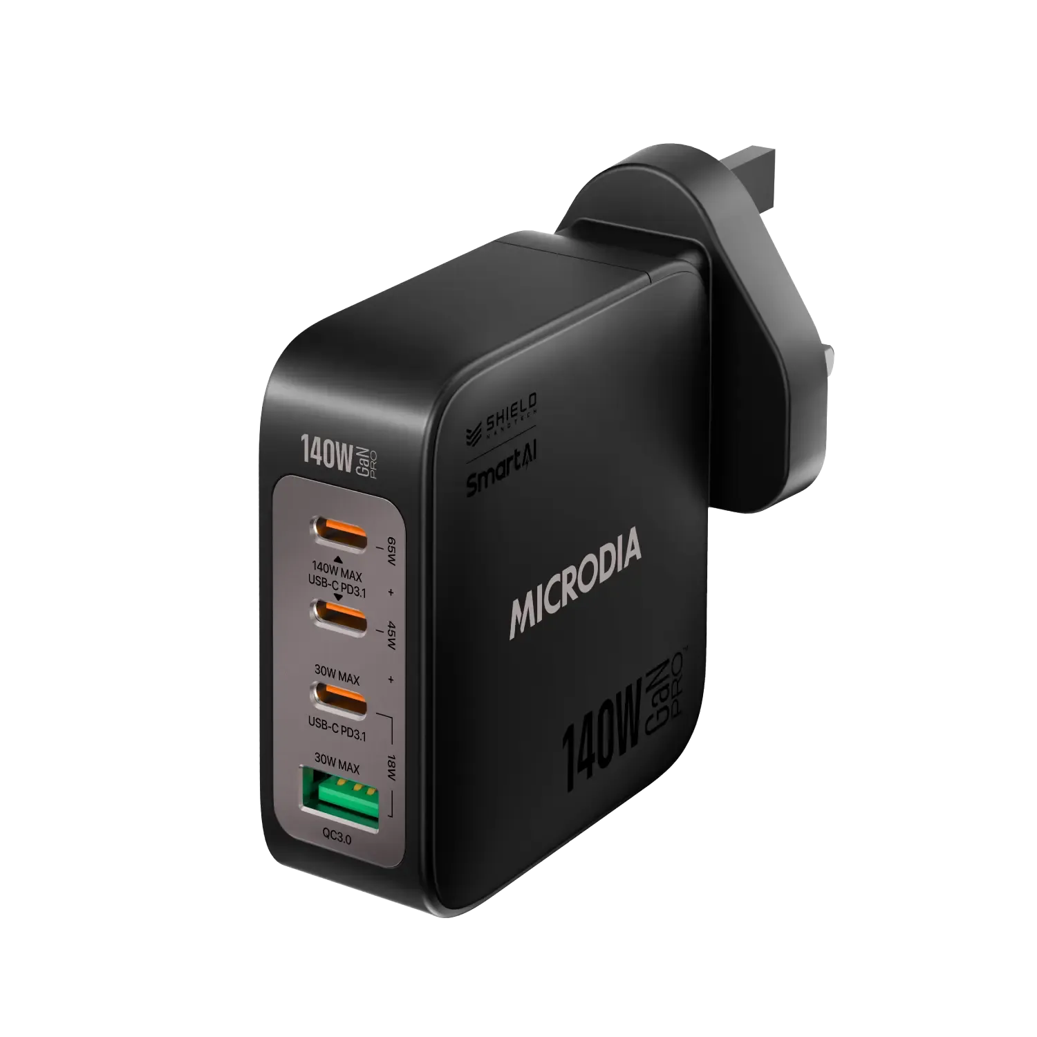 Microdia Smartcube Nano 140W, Gan Pro Wall Charger, 4-Port, Usb-C Pd3.1   Usb-A Qc3.0 Reliable Charging USB Hub Charger