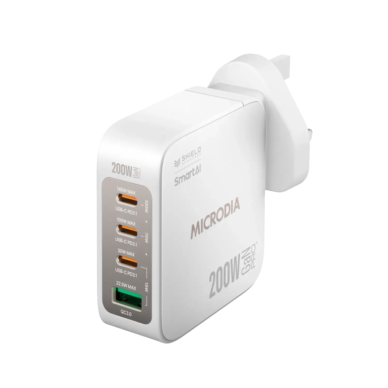 Microdia Smartcube Nano 200W, Gan Pro Wall Charger, 4-Port, Usb-C Pd3.1   Usb-A Qc3.0 Convenient Charging