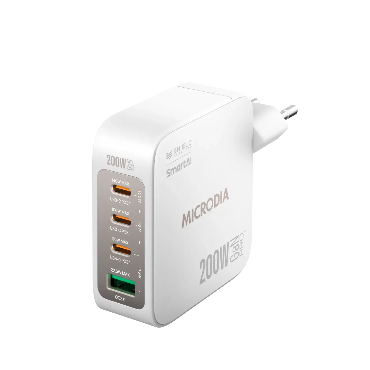 Tangle Free Cable Microdia Smartcube Nano 200W, Gan Pro Wall Charger, 4-Port, Usb-C Pd3.1   Usb-A Qc3.0