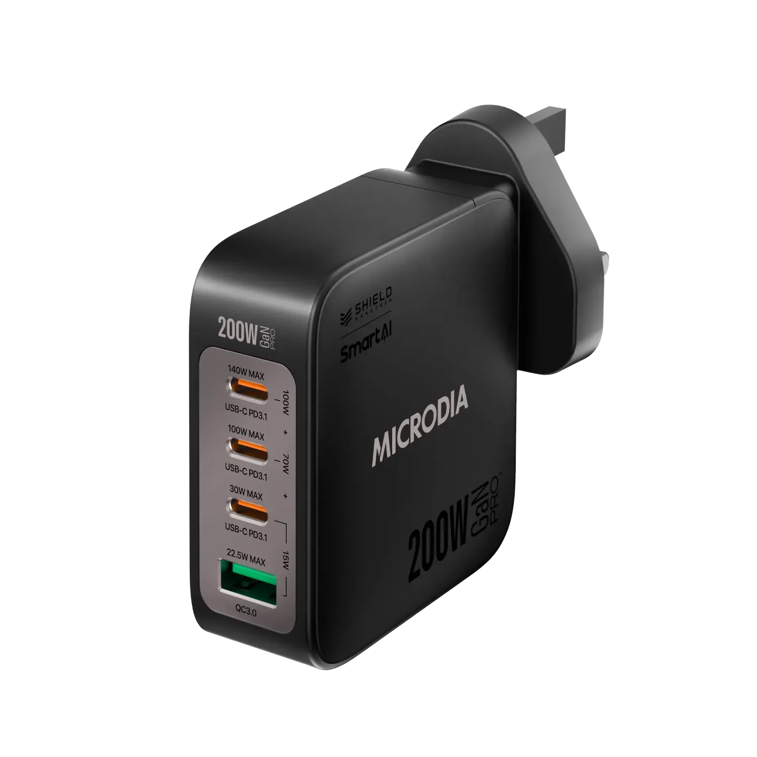 Microdia Smartcube Nano 200W, Gan Pro Wall Charger, 4-Port, Usb-C Pd3.1   Usb-A Qc3.0 Bend Resistant Cable Quick Charge Ready