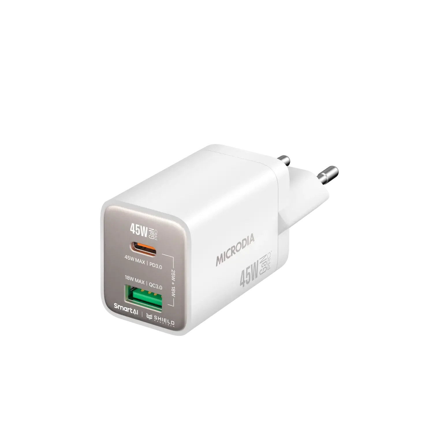 Microdia Smartcube Nano 45W Gan Pro Wall Charger, Dual-Port, Usb-C Pd3.0   Usb-A Qc3.0 Safe Charging Reliable Charging
