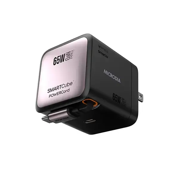 Microdia Smartcube Powercord 65W, Gan Pro Wall Charger With Built-In Usb-C Cable And Usb-C Charging Output Magnetic Connector Portable Charger