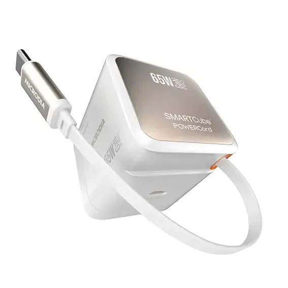 Smart Charging Compact Charger Microdia Smartcube Powercord 65W, Gan Pro Wall Charger With Built-In Usb-C Cable And Usb-C Charging Output
