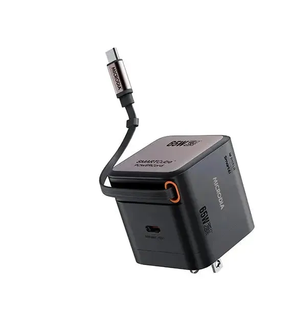 Microdia Smartcube Powercord 65W, Gan Pro Wall Charger With Built-In Usb-C Cable And Usb-C Charging Output Auto Stop Charging USB Hub Charger