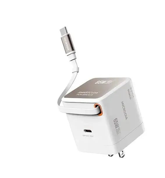 Microdia Smartcube Powercord 65W, Gan Pro Wall Charger With Built-In Usb-C Cable And Usb-C Charging Output High Speed Charging Desktop Charger