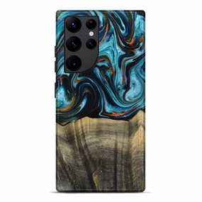 Anti Reflection Anti Static Galaxy S22 Ultra Wood Live Edge Phone Case - Eren (Teal & Gold, 768615)