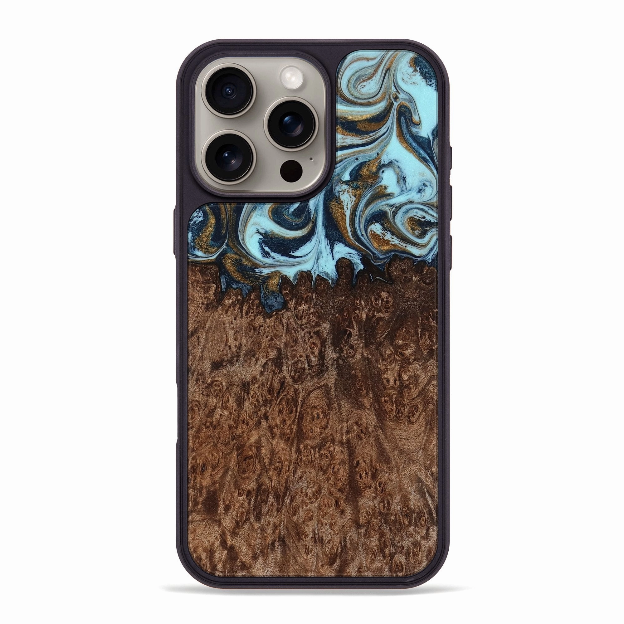 Rounded Edges Bubble Free Installation Iphone 16 Pro Max Wood Phone Case - Josue (Teal & Gold, 769989)