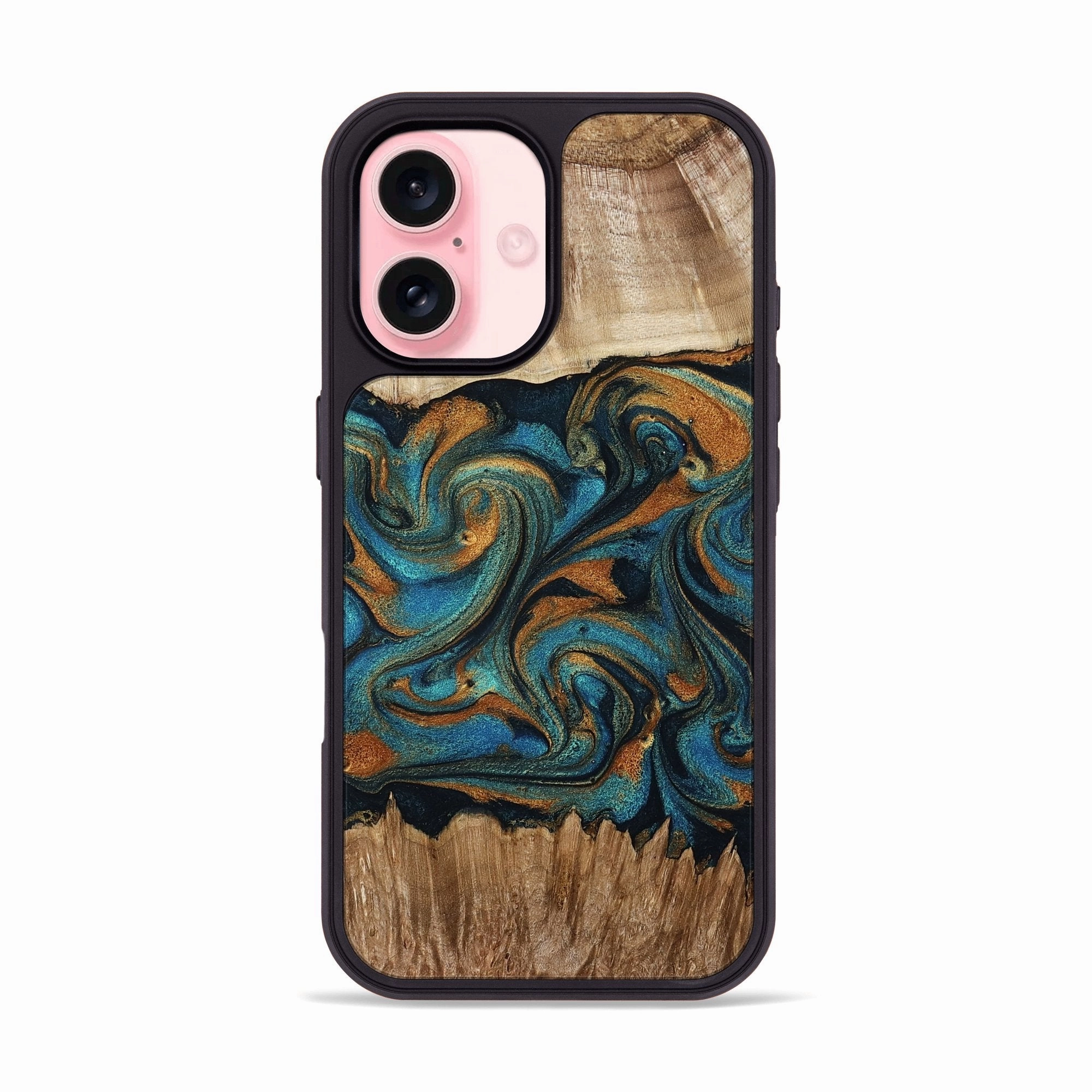 Raised Edges Case Friendly Iphone 16 Wood Phone Case - Katia (Teal & Gold, 769987)