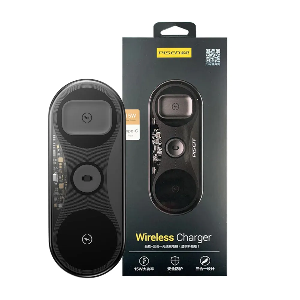 Pisen-3-In-1 Wireless Charger (Transparent Technology Version) (Black) USB Adapter USB Hub Charger