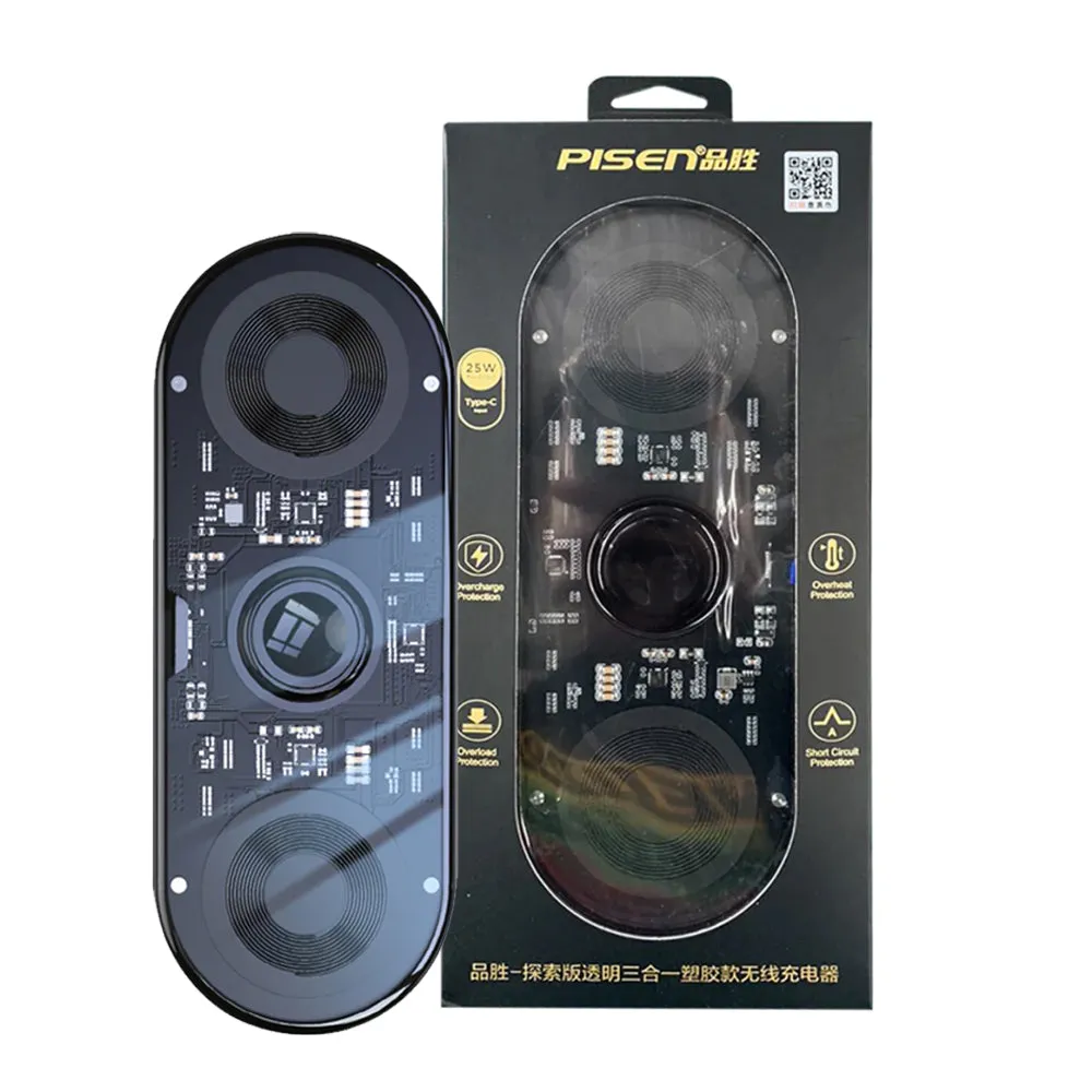 Tangle Free Cable Reliable Charger Pisen 3 In 1 Wireless  Charging Station Transparent Fyd-C33