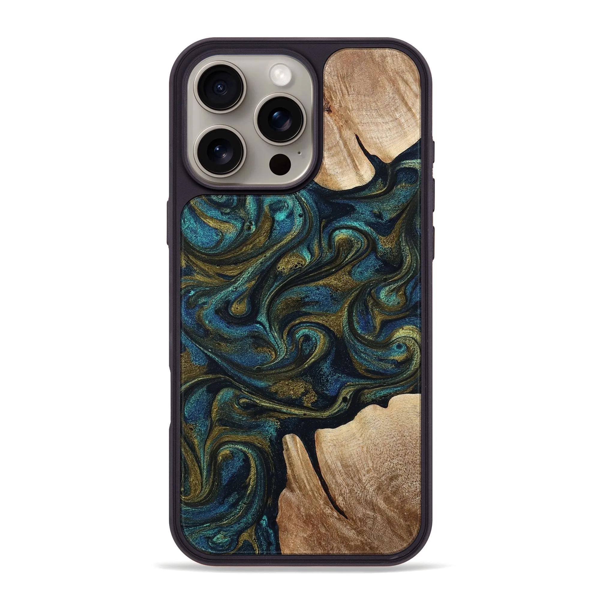 Anti Finger Mark Film Iphone 16 Pro Max Wood Phone Case - Amani (Teal & Gold, 781139)