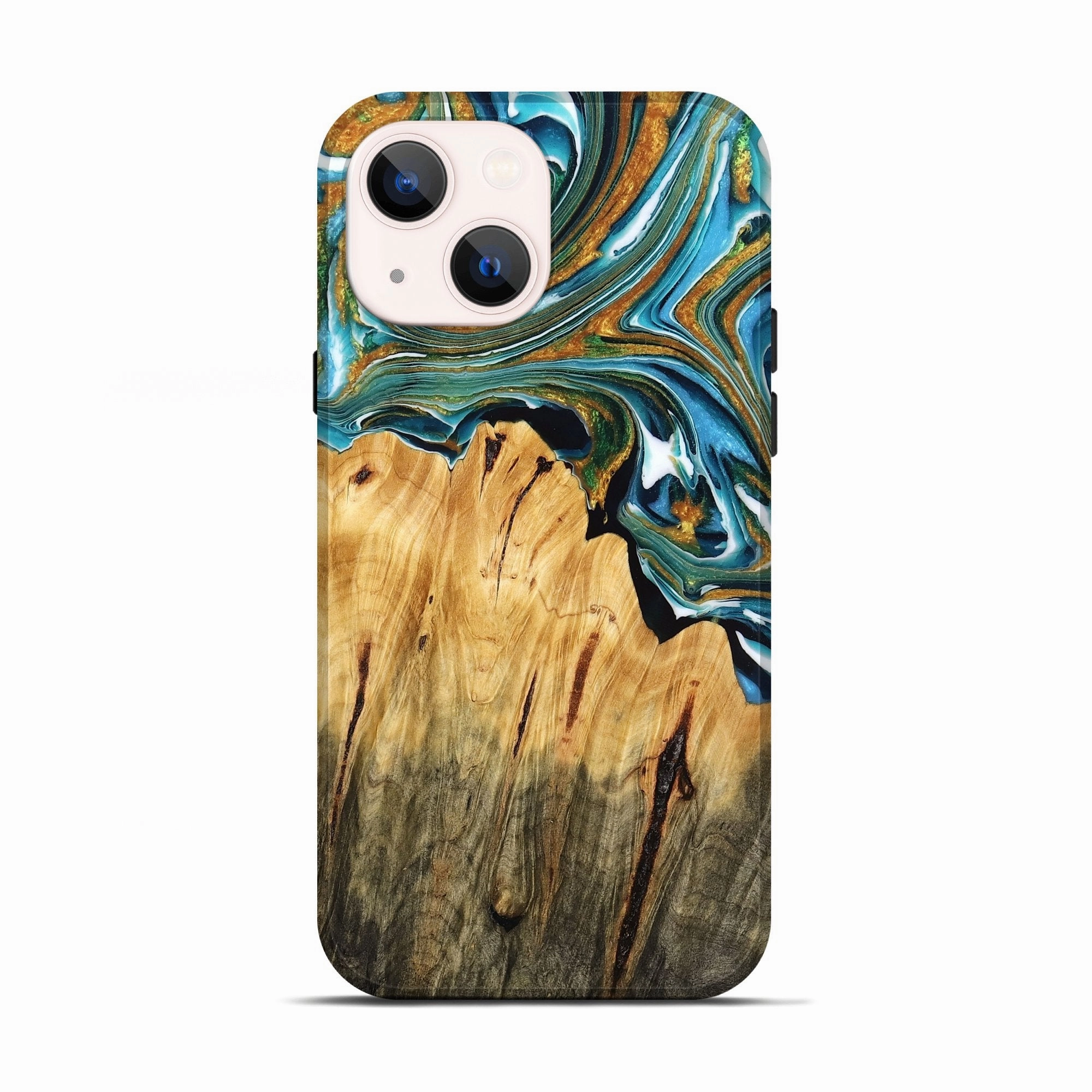 Iphone 13 Wood Live Edge Phone Case - Rusty (Teal & Gold, 775199) Impact Resistant Fingerprint Resistant