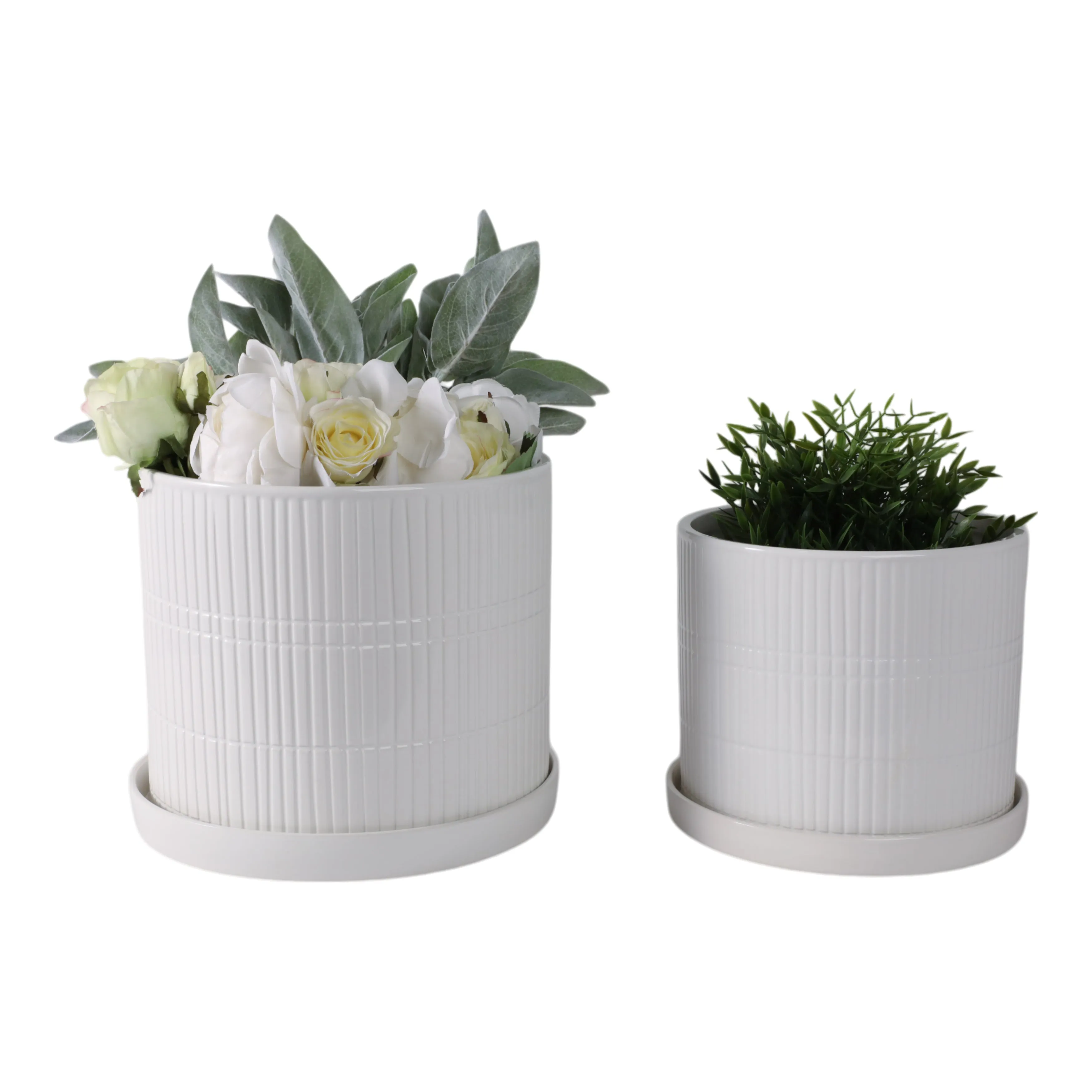 S/2 10/12" Line Textured Planter, White
