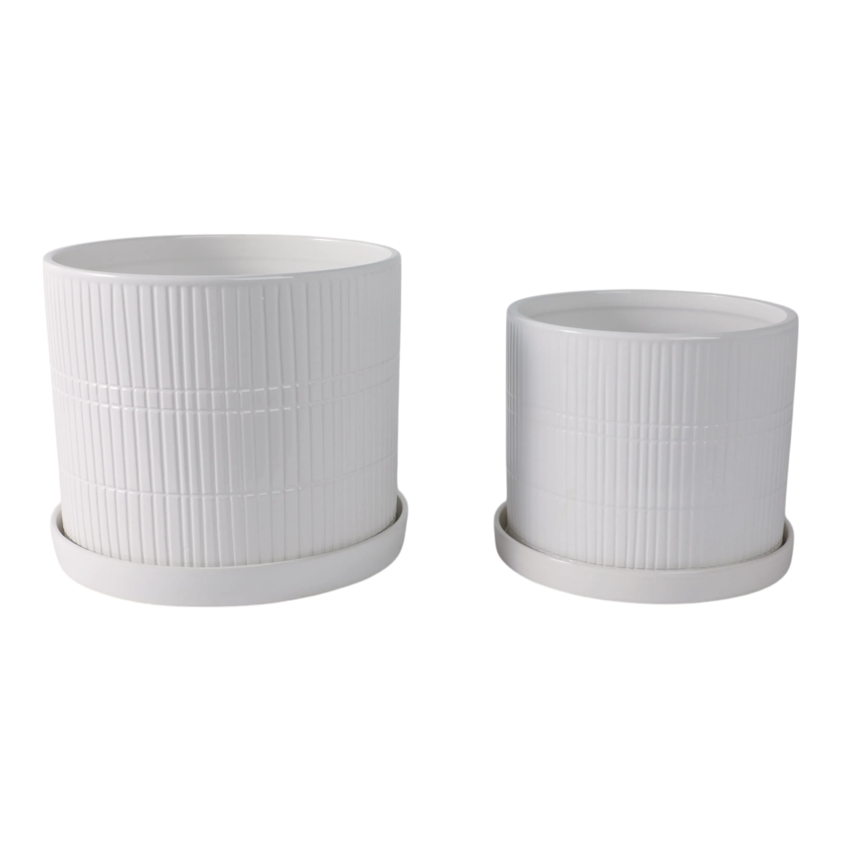 S/2 10/12" Line Textured Planter, White