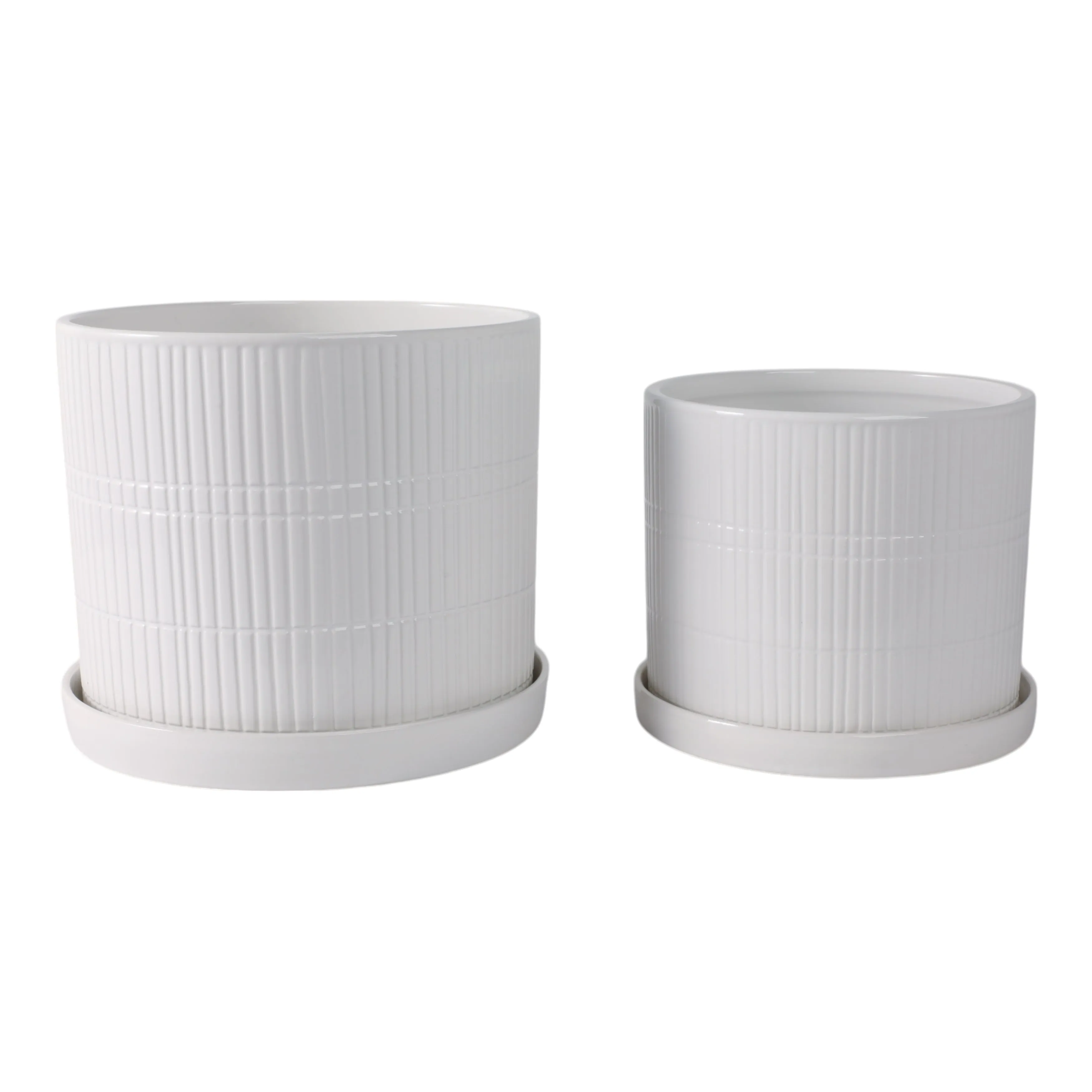 S/2 10/12" Line Textured Planter, White