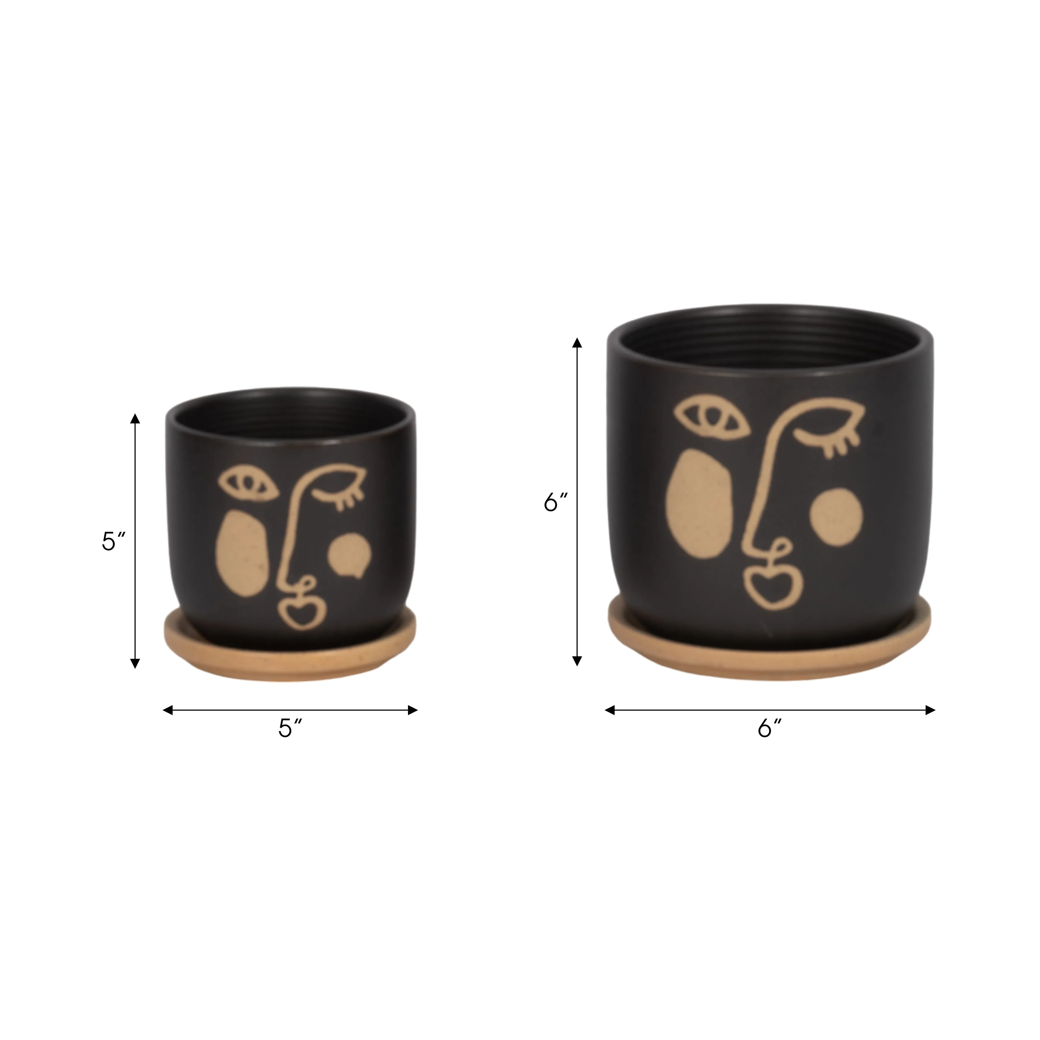 S/2 5/6" FUNKY FACE PLANTER W/ SAUCER, BLACK
