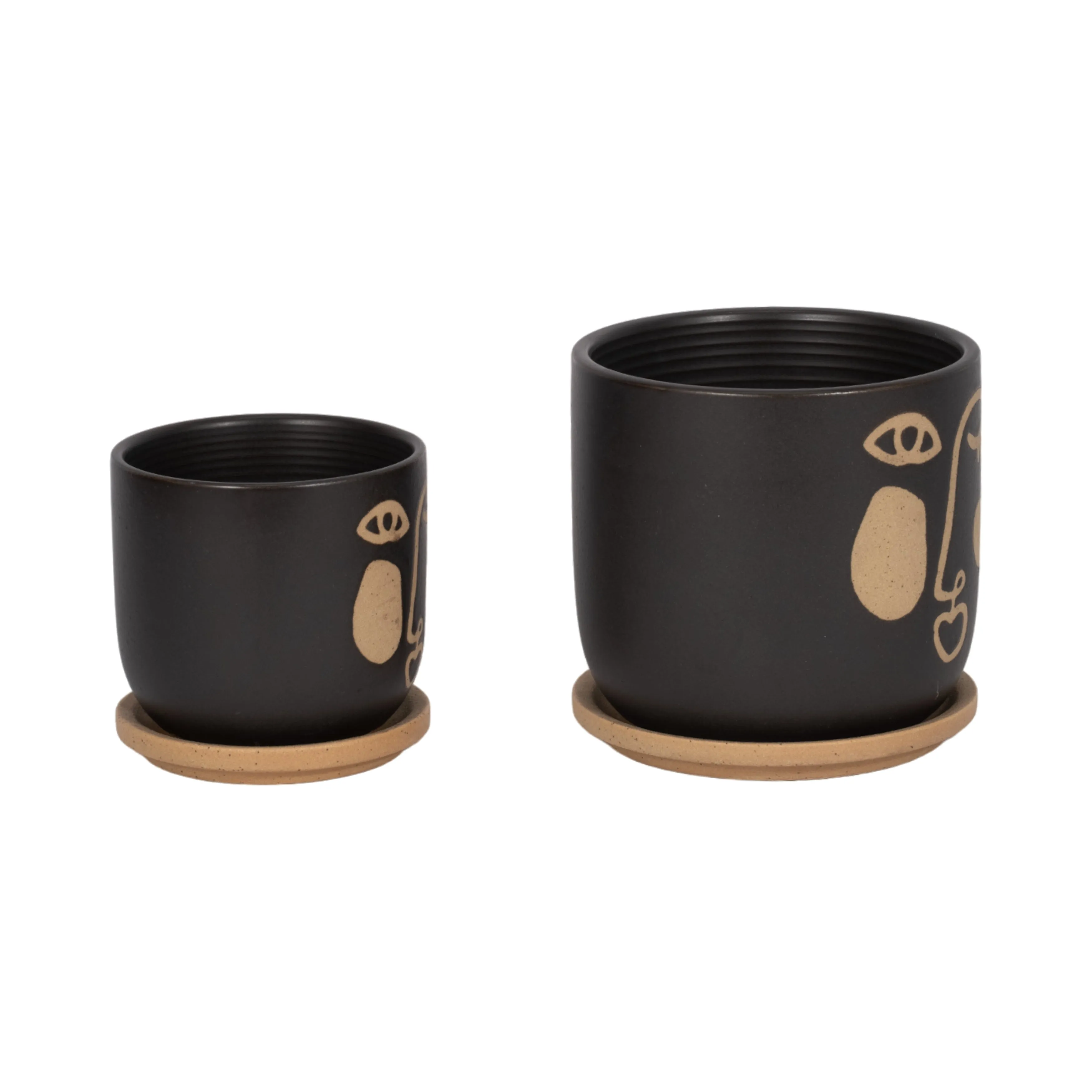 S/2 5/6" FUNKY FACE PLANTER W/ SAUCER, BLACK