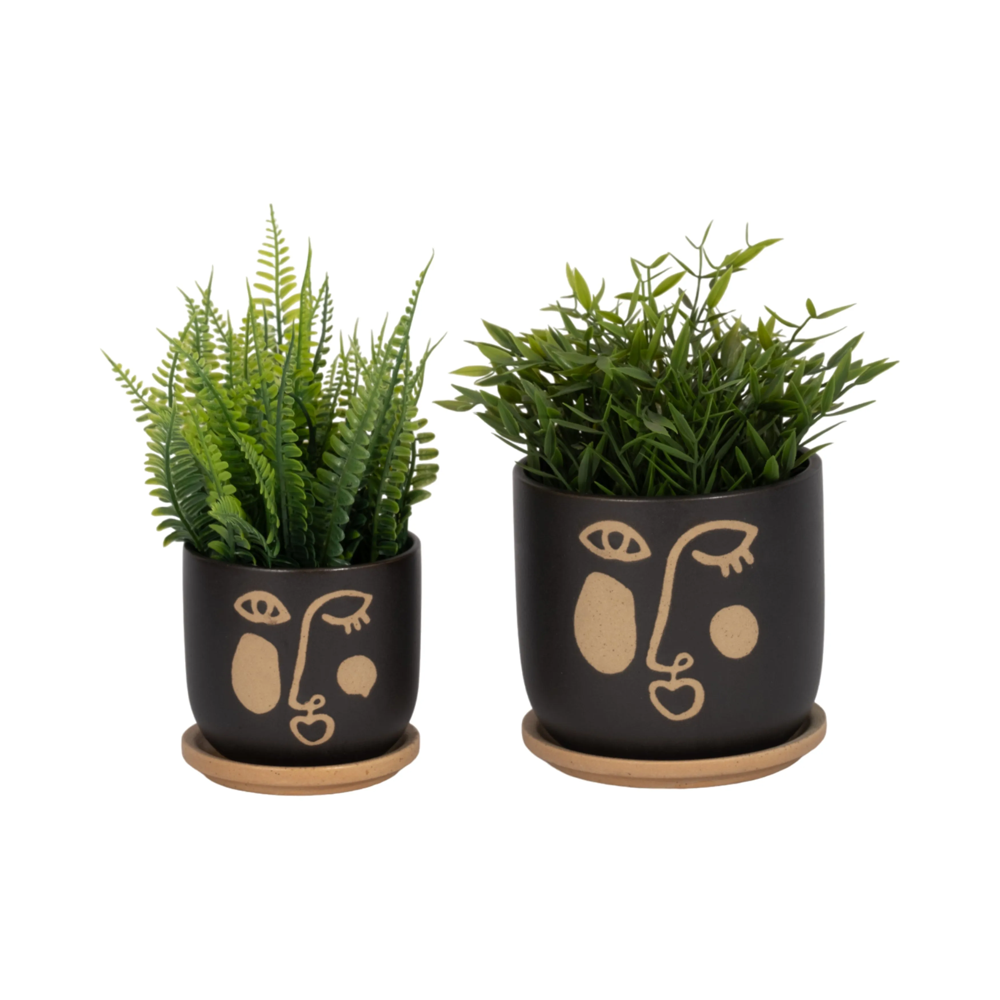 S/2 5/6" FUNKY FACE PLANTER W/ SAUCER, BLACK