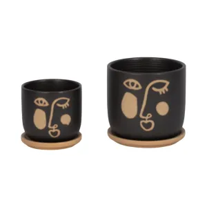 S/2 5/6" FUNKY FACE PLANTER W/ SAUCER, BLACK