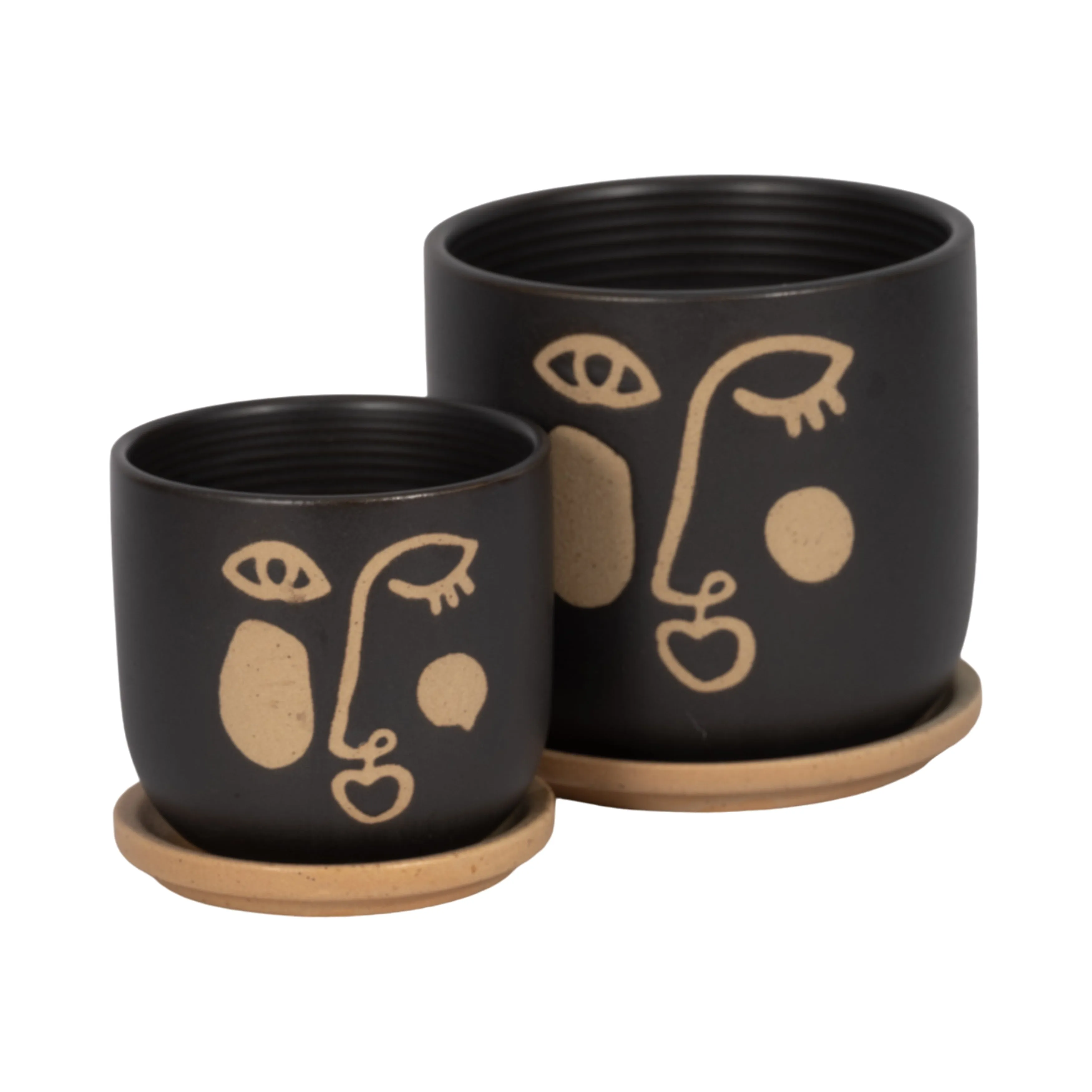 S/2 5/6" FUNKY FACE PLANTER W/ SAUCER, BLACK