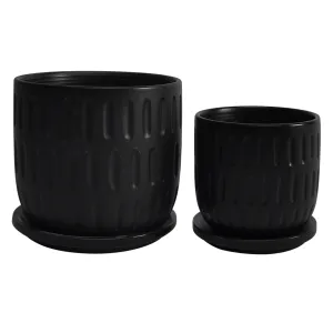 S/2 5/6" TEXTURED PLANTER W/ SAUCER,  MATTE BLACK