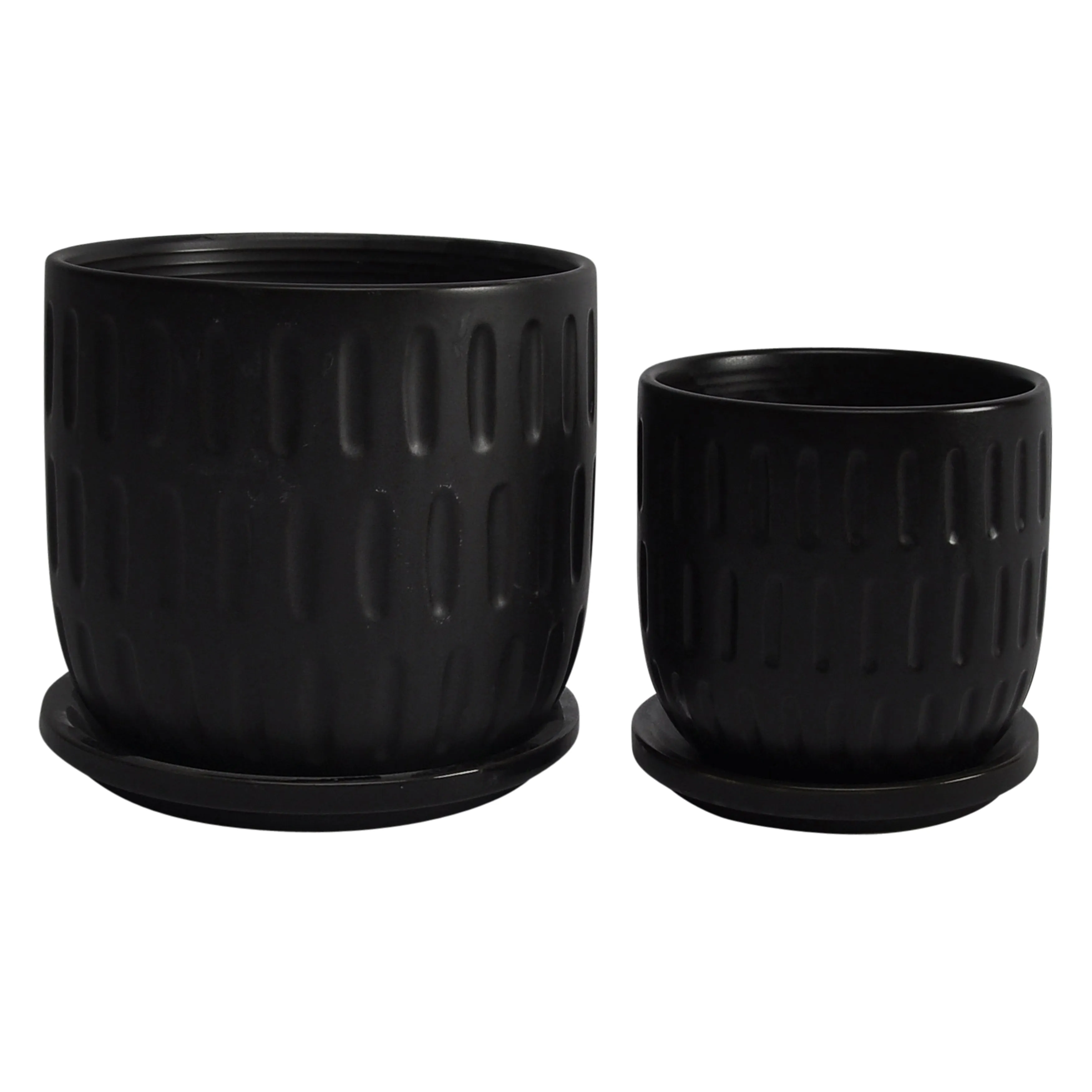 S/2 5/6" TEXTURED PLANTER W/ SAUCER,  MATTE BLACK