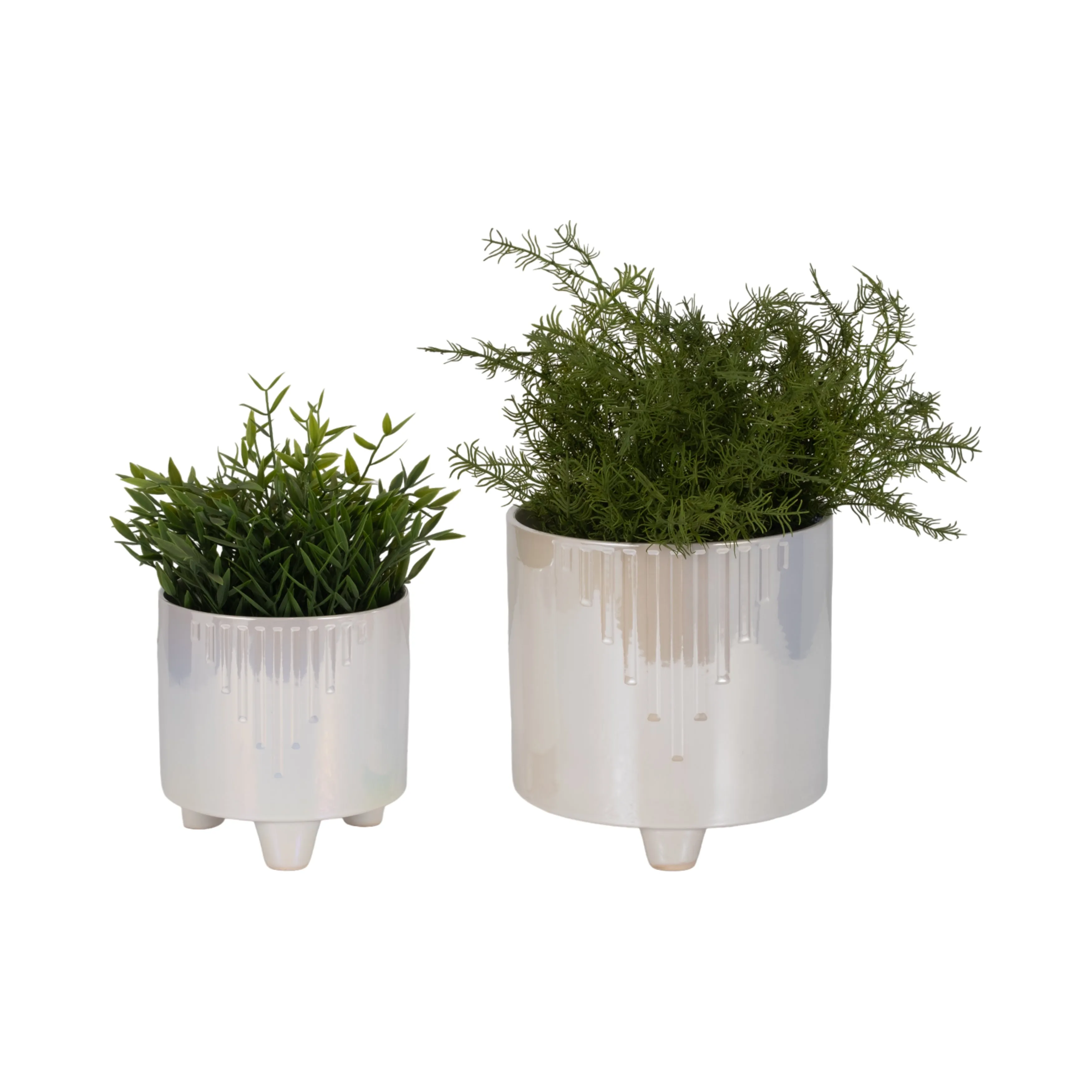 S/2 6/8" Iridescent Line Footed Planters, Ivory