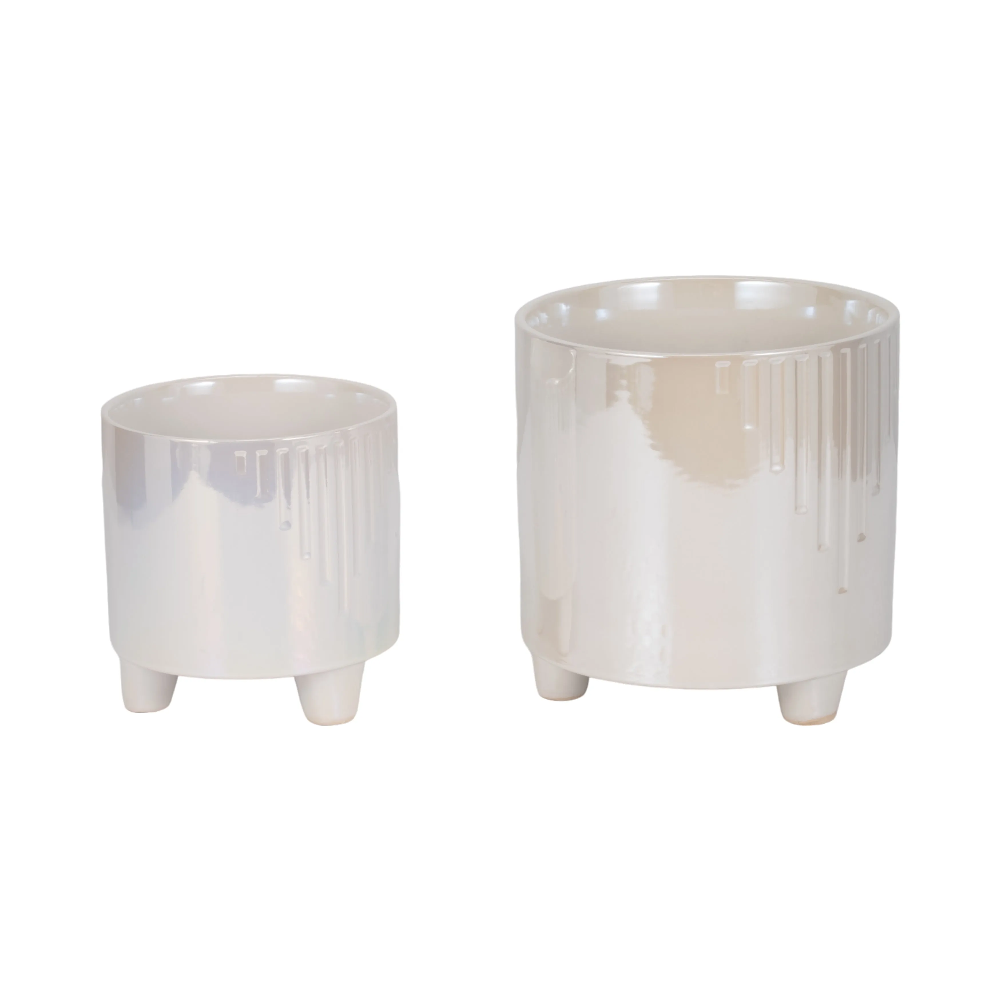 S/2 6/8" Iridescent Line Footed Planters, Ivory