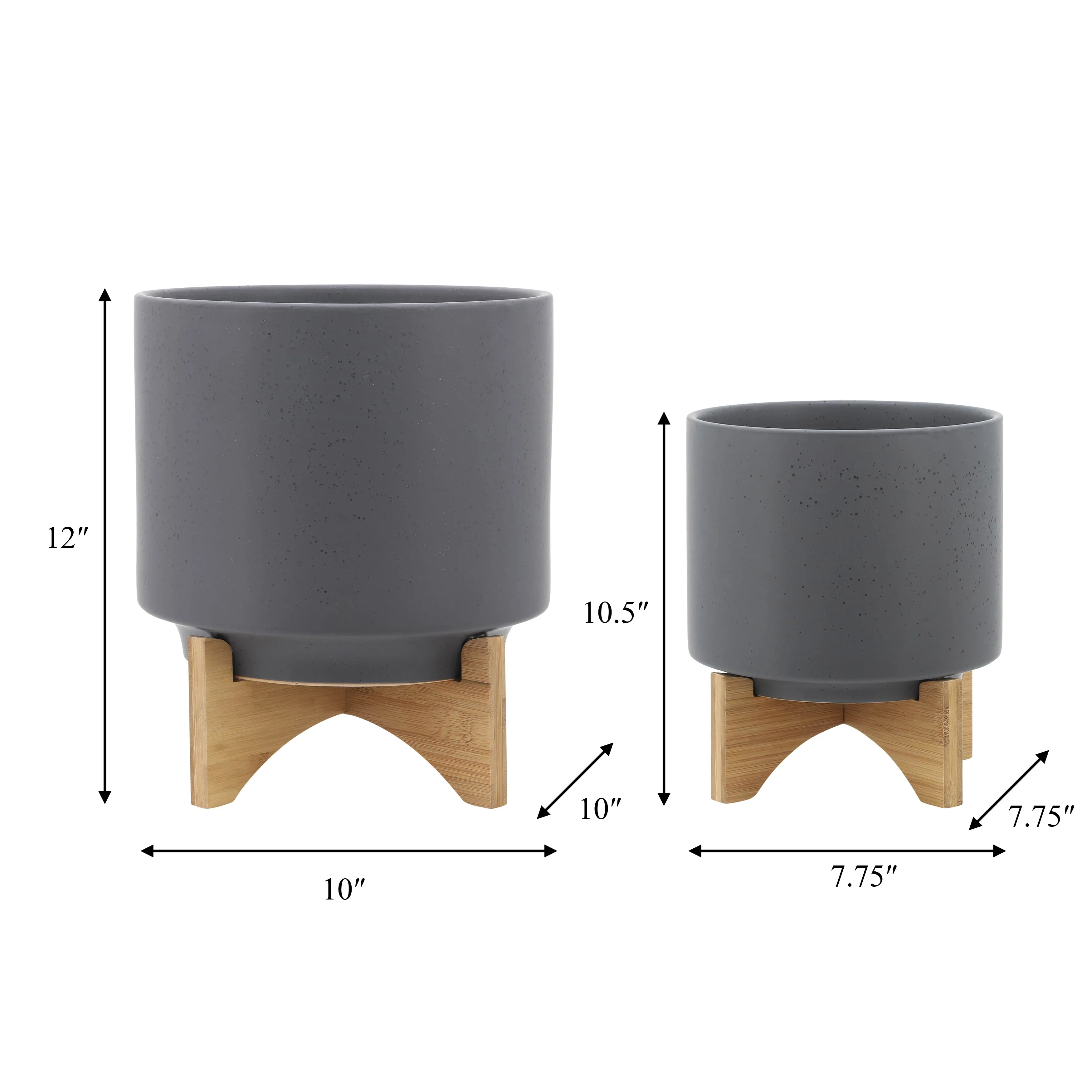 S/2 8/10" PLANTER W/ WOOD STAND, MATTE GRAY