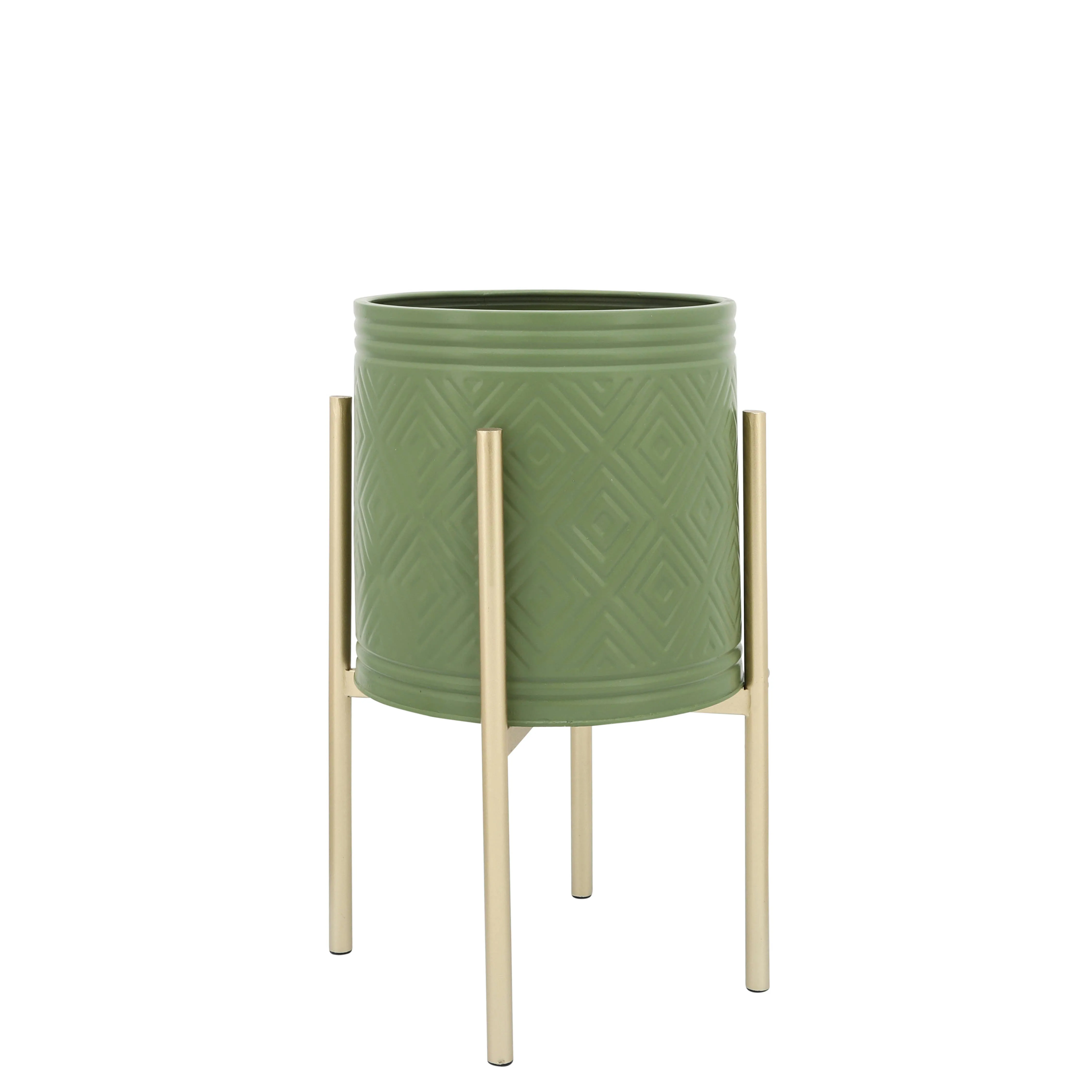 S/2 AZTEC PLANTER ON METAL STAND, OLIVE/GOLD