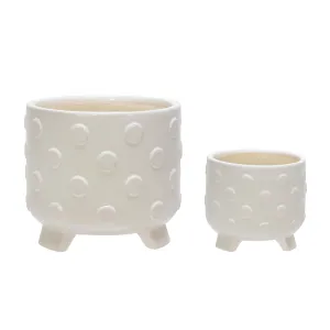 S/2 CERAMIC 6/8" FOOTED PLANTER W/ SPOTS, WHITE
