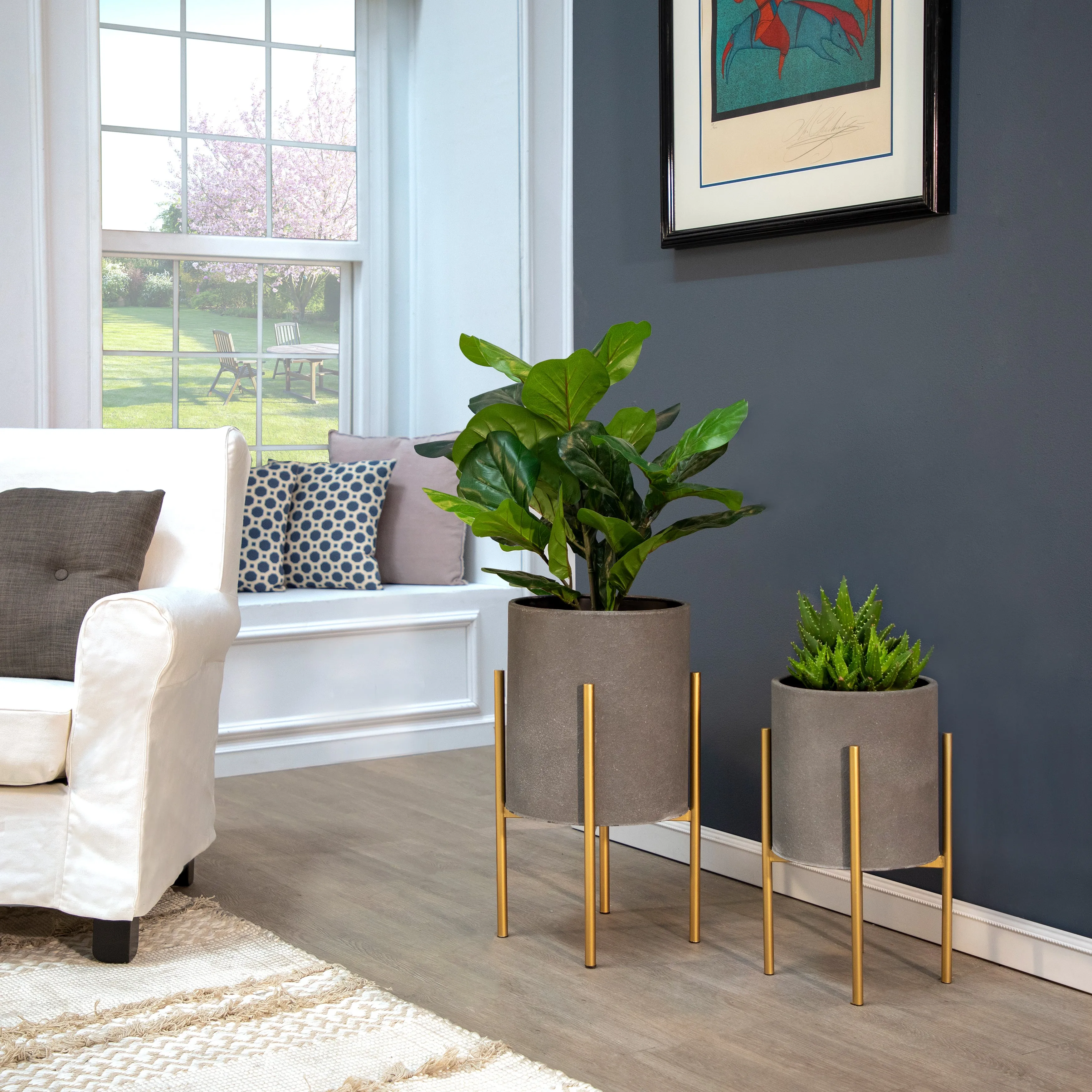 S/2 PLANTER ON METAL STAND, GRAY/GLD