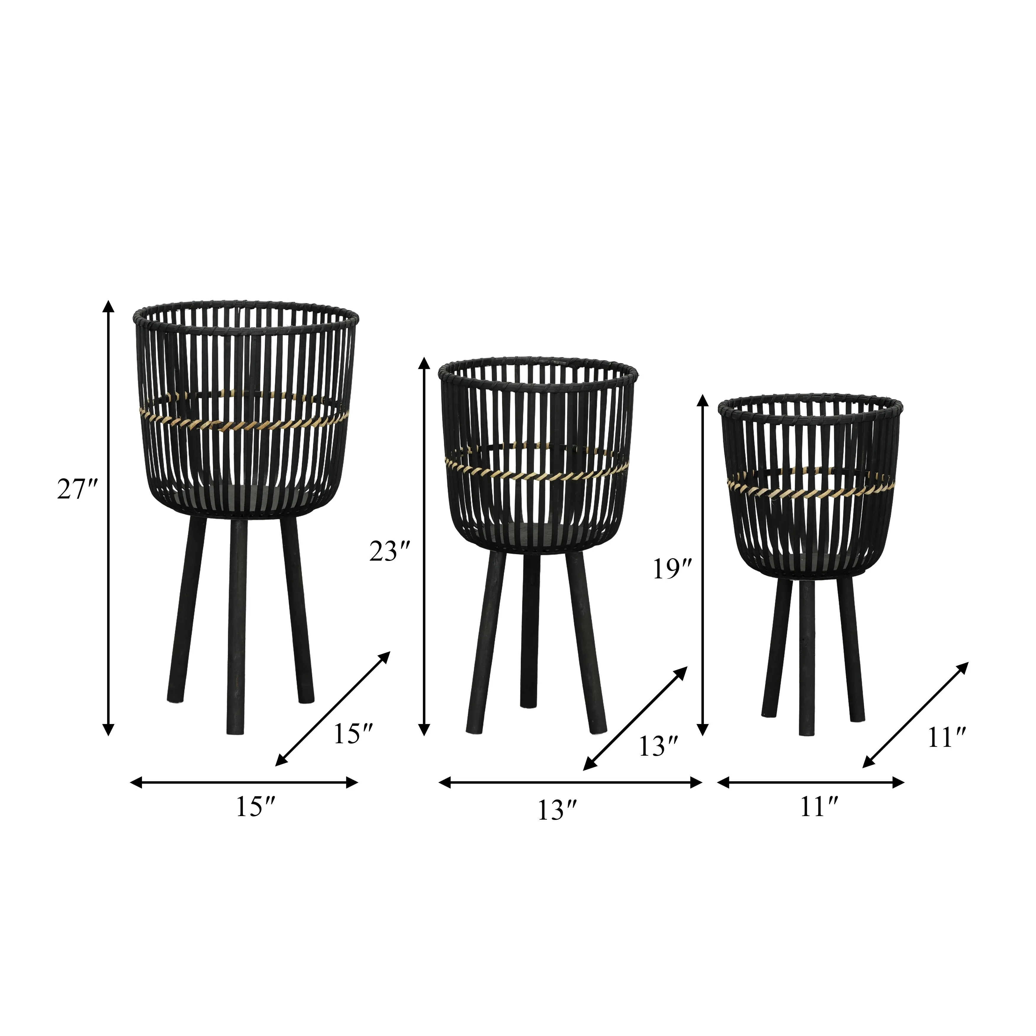 S/3 BAMBOO FOOTED PLANTERS 11/13/15", BLACK
