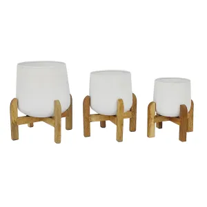 S/3 METAL 9/10/12" PLANTER W/ WOOD STAND, WHITE