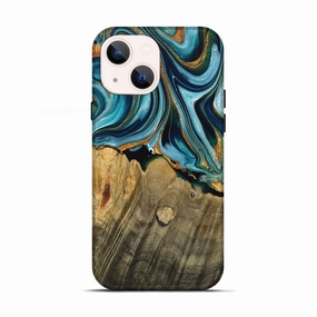 Anti Fingerprint Film Anti Finger Stain Iphone 13 Wood Live Edge Phone Case - Rowena (Teal & Gold, 769613)