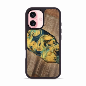 Anti Reflection Screen Iphone 16 Wood Phone Case - Elease (Teal & Gold, 741492)