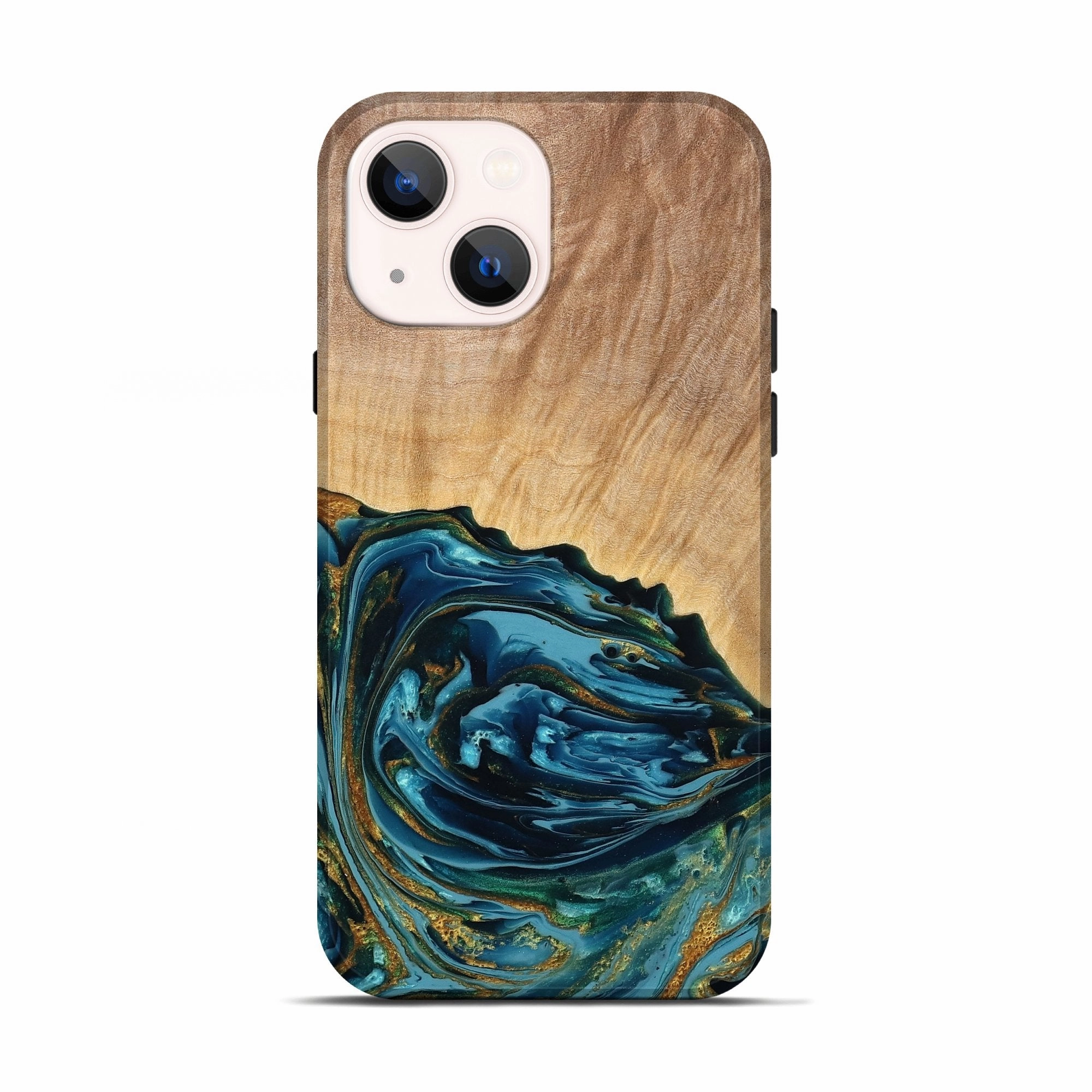 Shockproof Grip Friendly Iphone 13 Wood Live Edge Phone Case - Albert (Teal & Gold, 778990)
