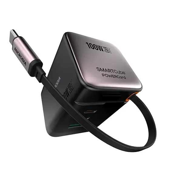 Microdia Smartcube Powercord 100W,Gan Pro Wall Charger With Built-In Usb-C Cable AndDual Usb-C Pd & Usb-A Outputs Portable USB Charger Flexible Cable