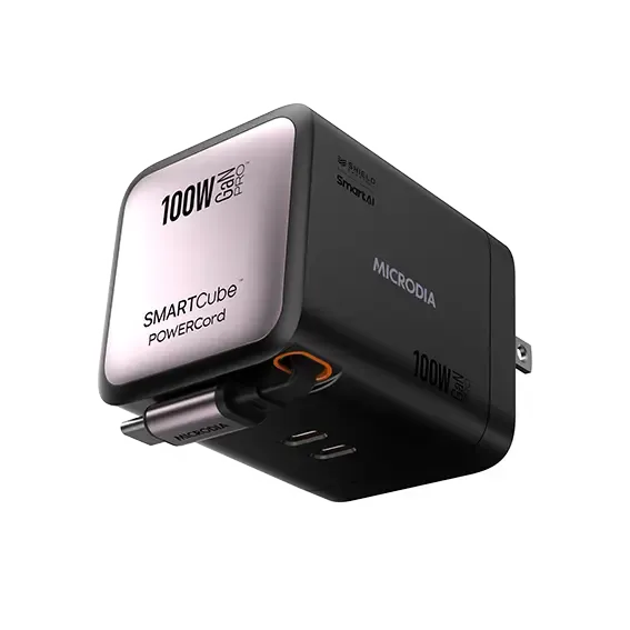 Compact Power Adapter Quick Charge Cable Microdia Smartcube Powercord 100W,Gan Pro Wall Charger With Built-In Usb-C Cable AndDual Usb-C Pd & Usb-A Outputs