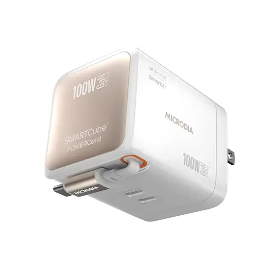 Microdia Smartcube Powercord 100W,Gan Pro Wall Charger With Built-In Usb-C Cable AndDual Usb-C Pd & Usb-A Outputs Cable Clip