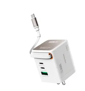 Bend Resistant Cable Car Charger Microdia Smartcube Powercord 100W,Gan Pro Wall Charger With Built-In Usb-C Cable AndDual Usb-C Pd & Usb-A Outputs