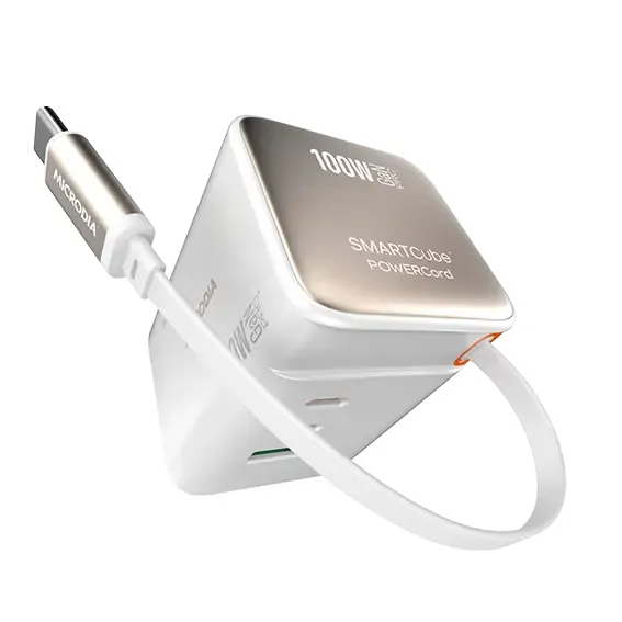 Microdia Smartcube Powercord 100W,Gan Pro Wall Charger With Built-In Usb-C Cable AndDual Usb-C Pd & Usb-A Outputs Durable Connection