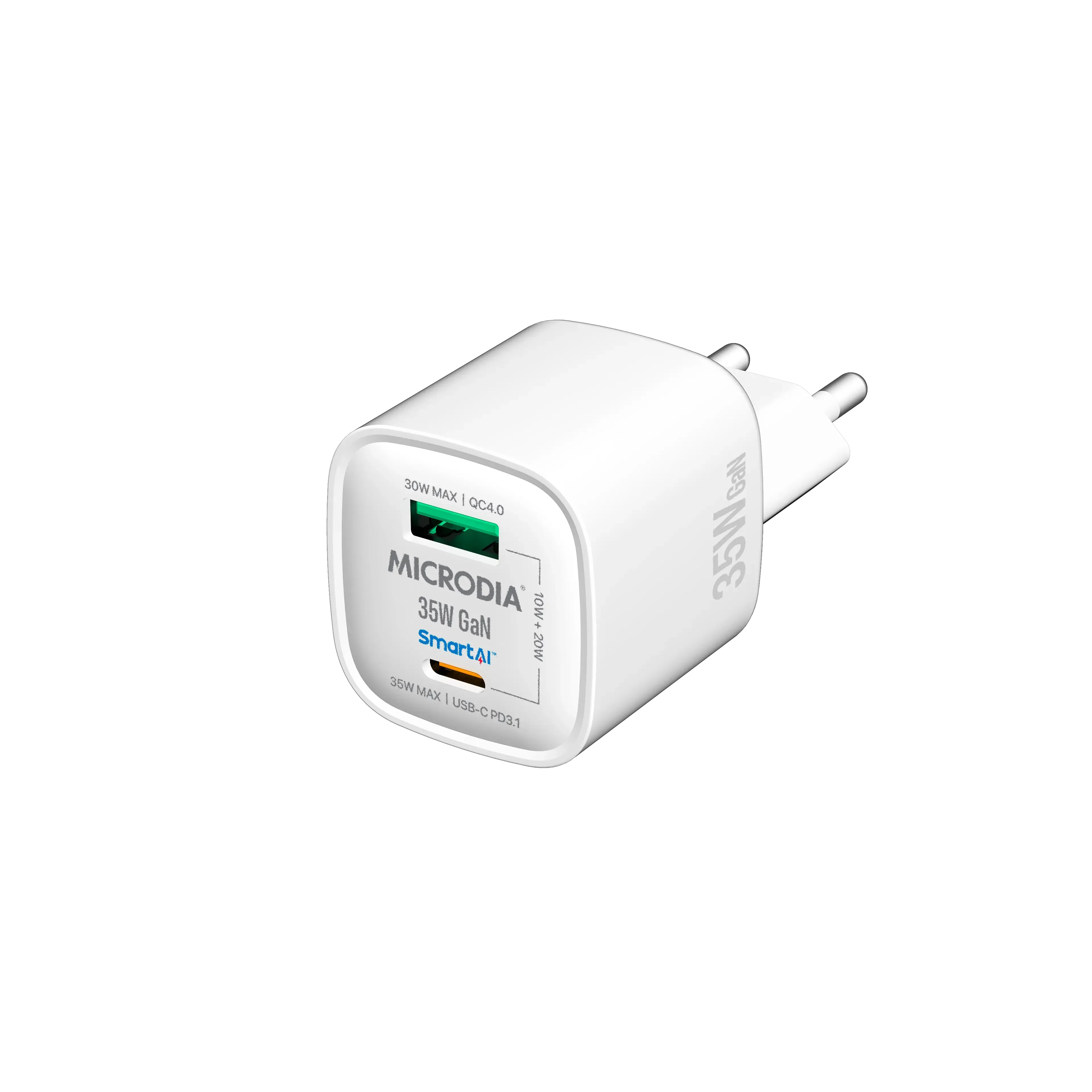 Microdia Smartcube Nano 35W, Gan Wall Charger, Usb-C Pd3.1   Usb-A Qc4.0 Charging Efficiency Energy Saving