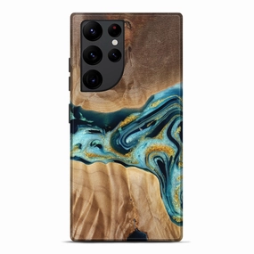 Anti Finger Oil Galaxy S22 Ultra Wood Live Edge Phone Case - Evans (Teal & Gold, 778515)