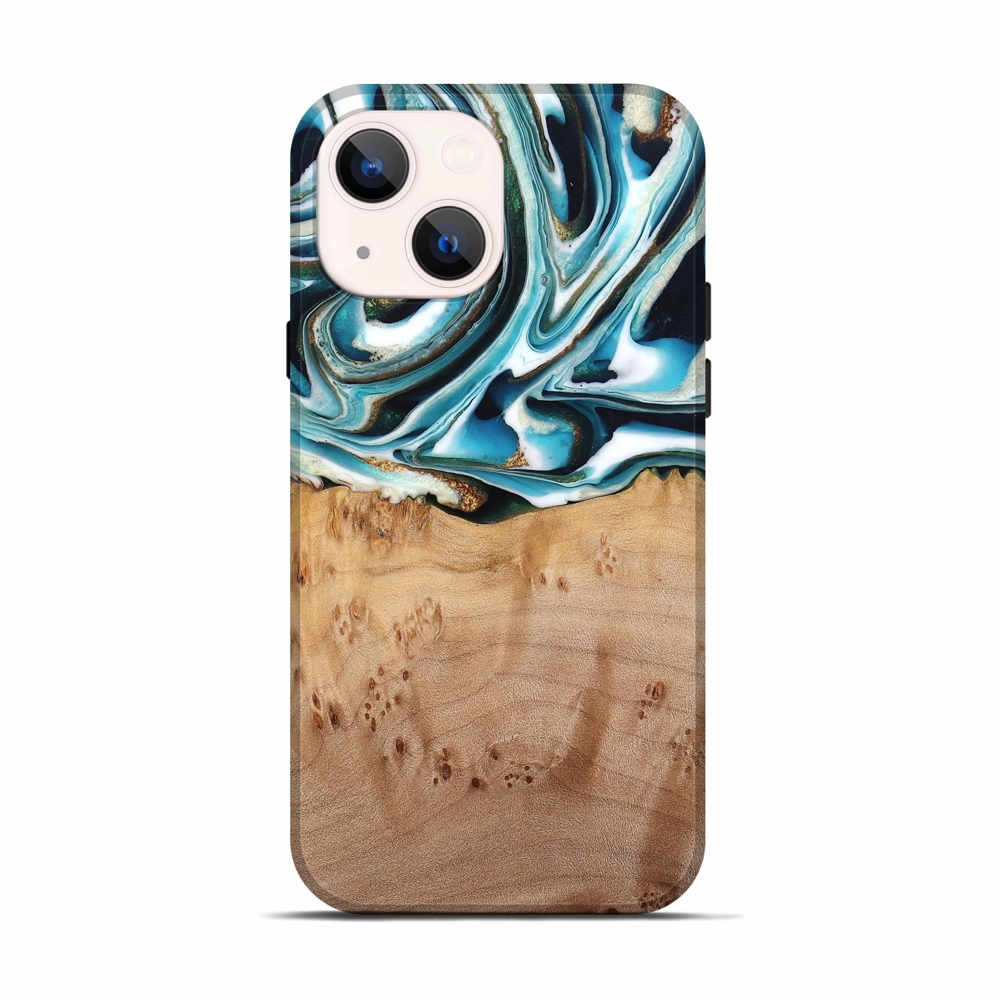 Iphone 13 Wood Live Edge Phone Case - Brianne (Teal & Gold, 776933) Scratch Proof Glass Anti Yellowing