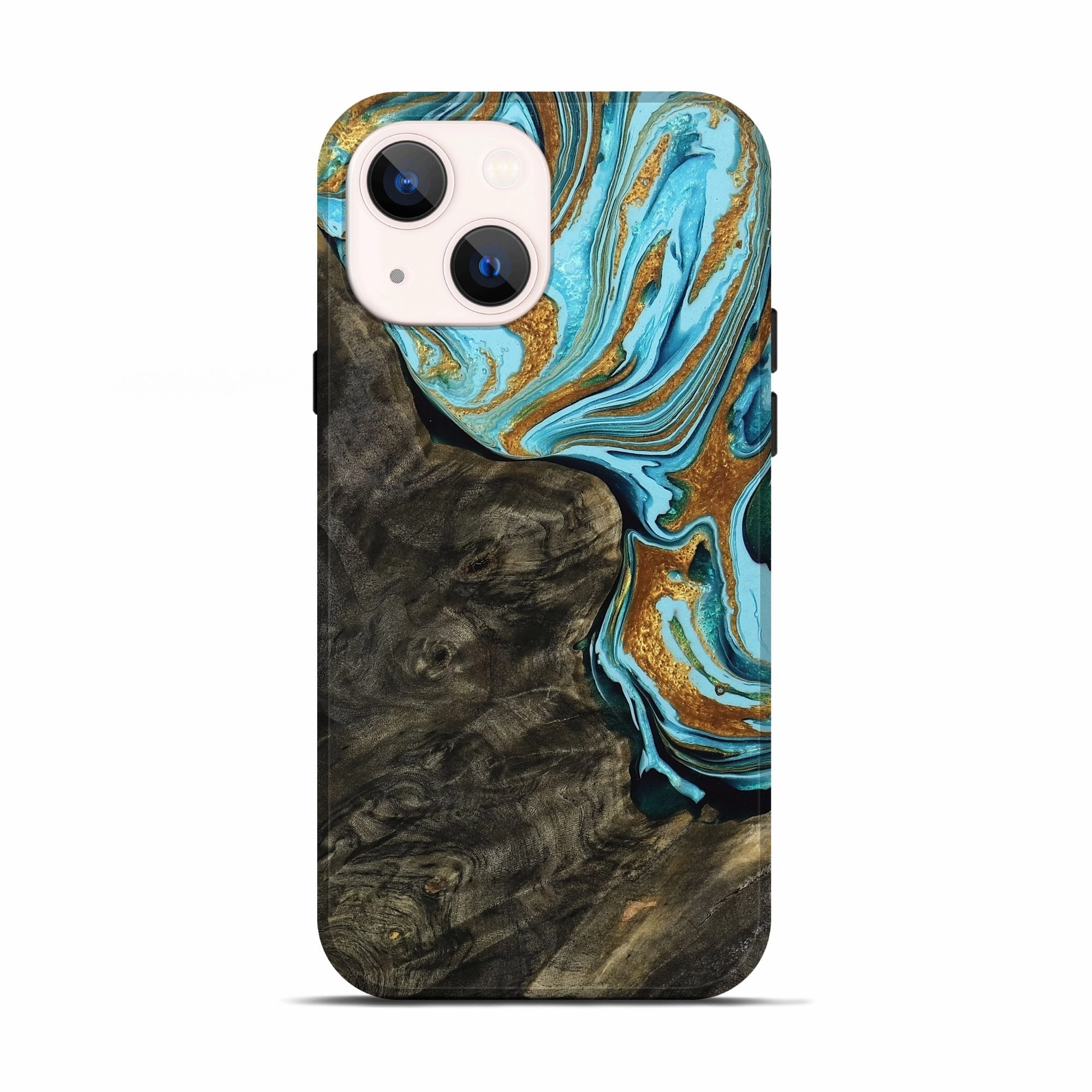 Fingerprint Resistant Screen Anti Yellowing Iphone 13 Wood Live Edge Phone Case - Almon (Teal & Gold, 769608)