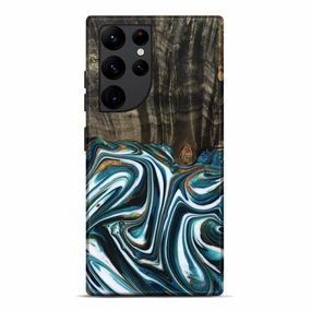 Scratch Resistant Shock Proof Film Galaxy S22 Ultra Wood Live Edge Phone Case - Jolie (Teal & Gold, 778081)