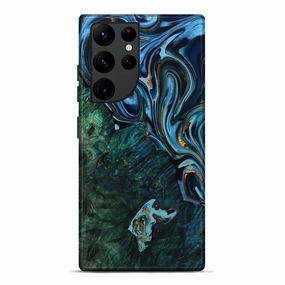 Galaxy S22 Ultra Wood Live Edge Phone Case - Kenley (Teal & Gold, 778524) Scratch Resistant Coating Protective Screen