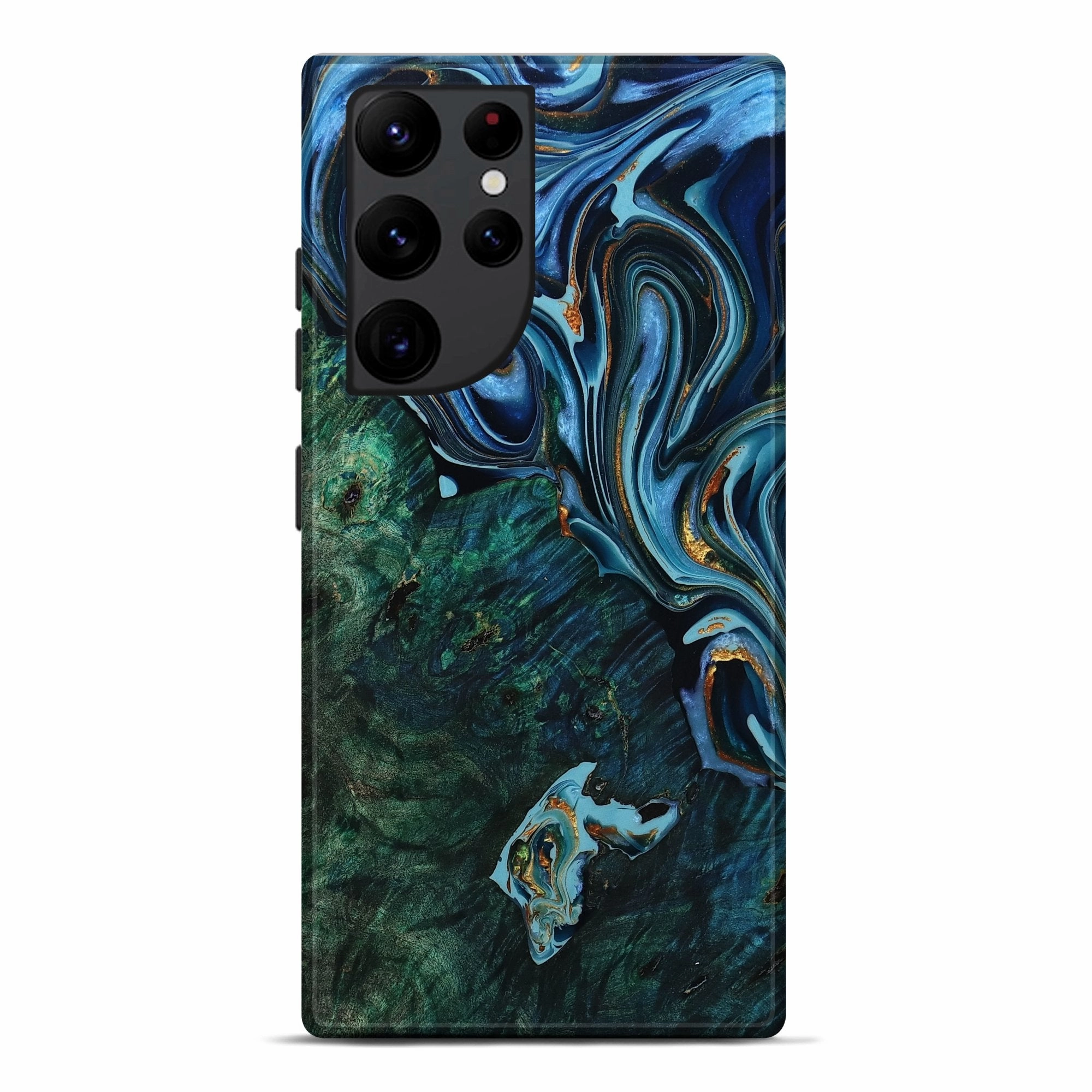 Galaxy S22 Ultra Wood Live Edge Phone Case - Kenley (Teal & Gold, 778524) Scratch Resistant Coating Protective Screen
