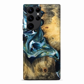 Anti Dust Galaxy S22 Ultra Wood Live Edge Phone Case - Yamilex (Teal & Gold, 781477)